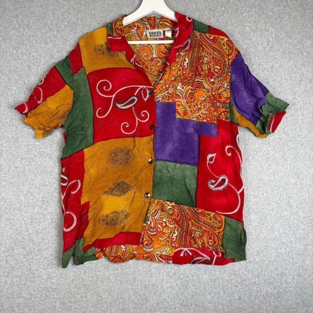 Vintage Chico's Design Size 1, Large Red Orange Patchwork Button Down Shirt Top